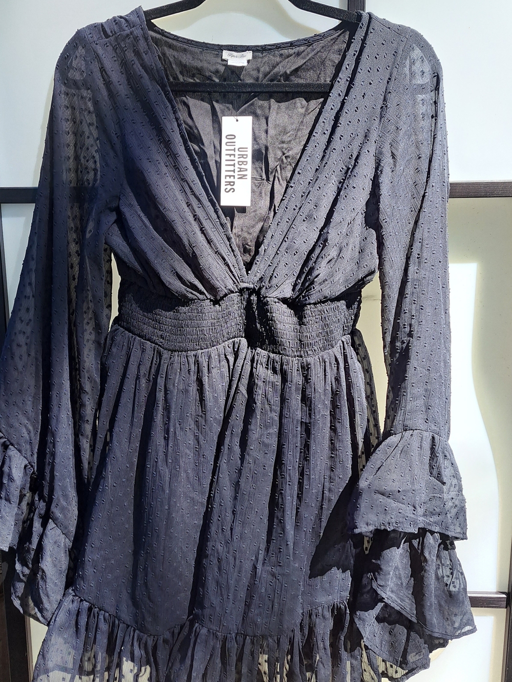 Urban Outfitters Black Long‑Sleeve Textured V‑Neck Dress